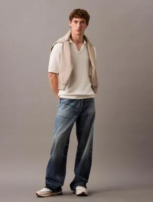 Textured Cotton Johnny Collar Polo Sweater