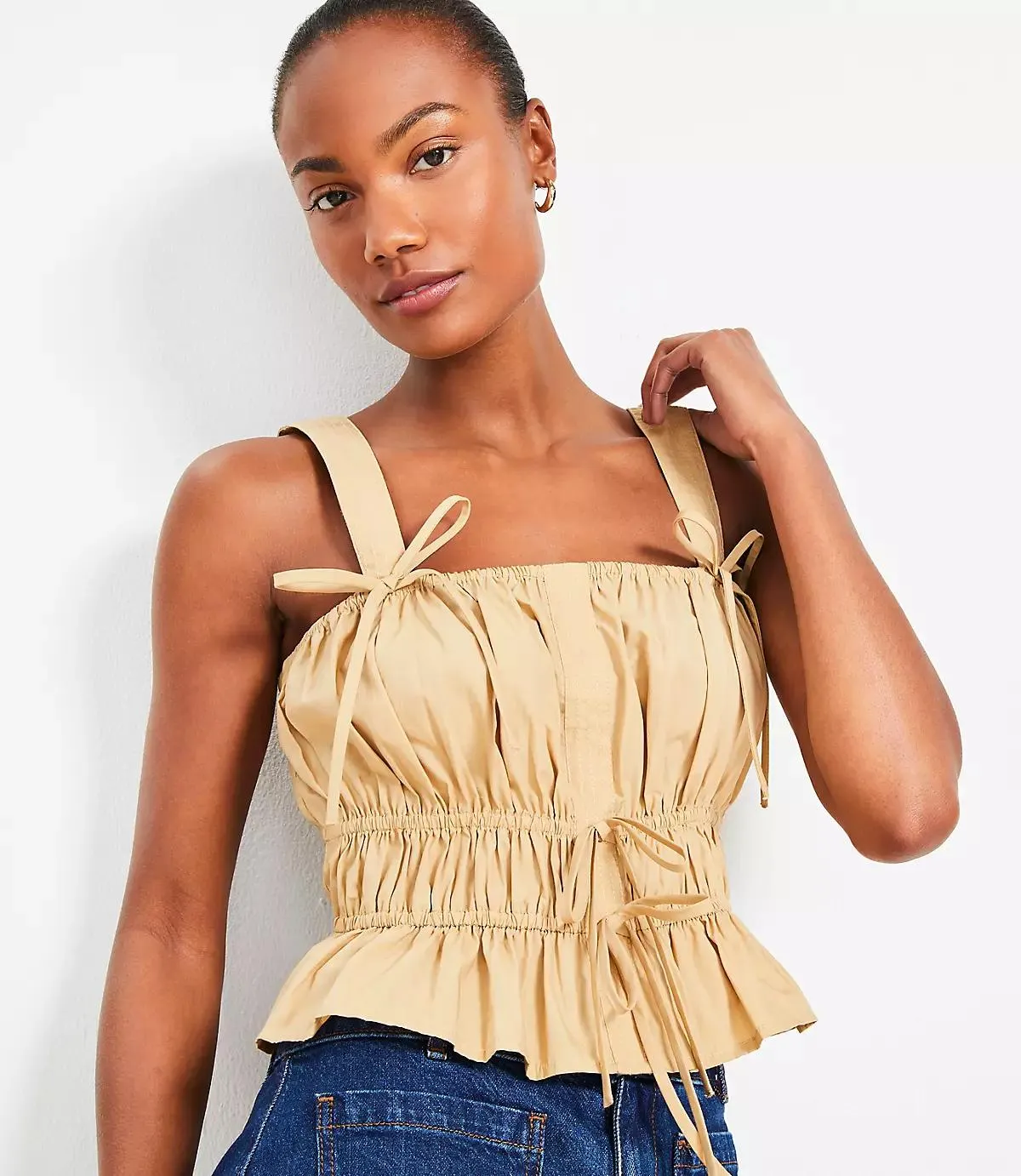 Poplin Ruched Tie Peplum Tank Top