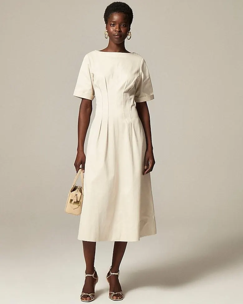 Short-sleeve pintuck midi dress in stretch twill