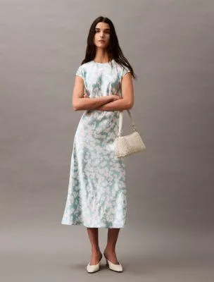 Crushed Satin Floral Sheath Dress