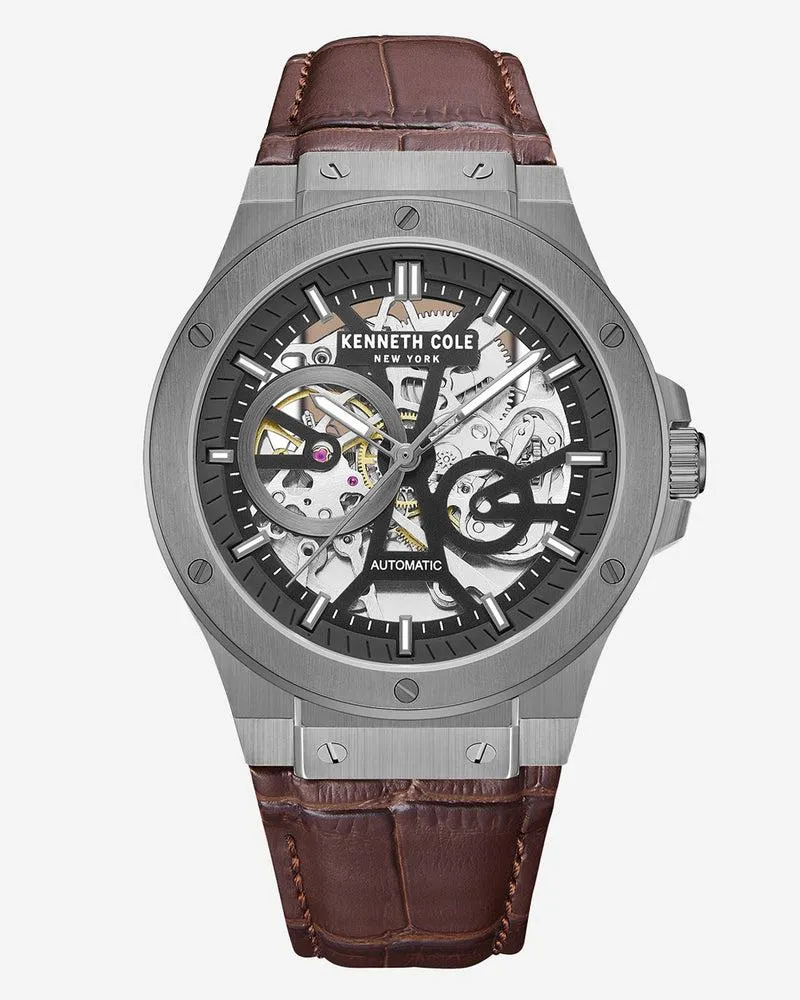 Kenneth Cole Automatic Gunmetal Watch with Brown Leather Strap