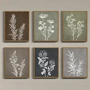 Drsoum Vintage Botanical Wall Art Framed Boho Wall Decor Wooded Minimalist Plant Print Modern Rustic Farmhouse Home Kitchen 8x10inx6pcs