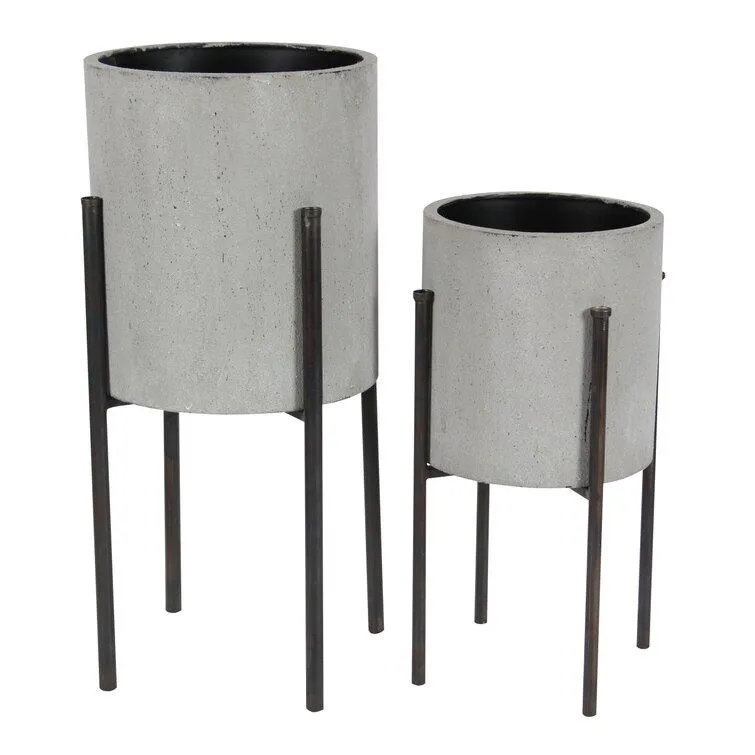 2 Piece Metal Textured Minimalistic Indoor Outdoor Planter with Black Removable X-Stands Set