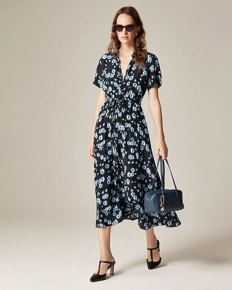 Cerise shirt-dress in blurry floral crepe de chine
