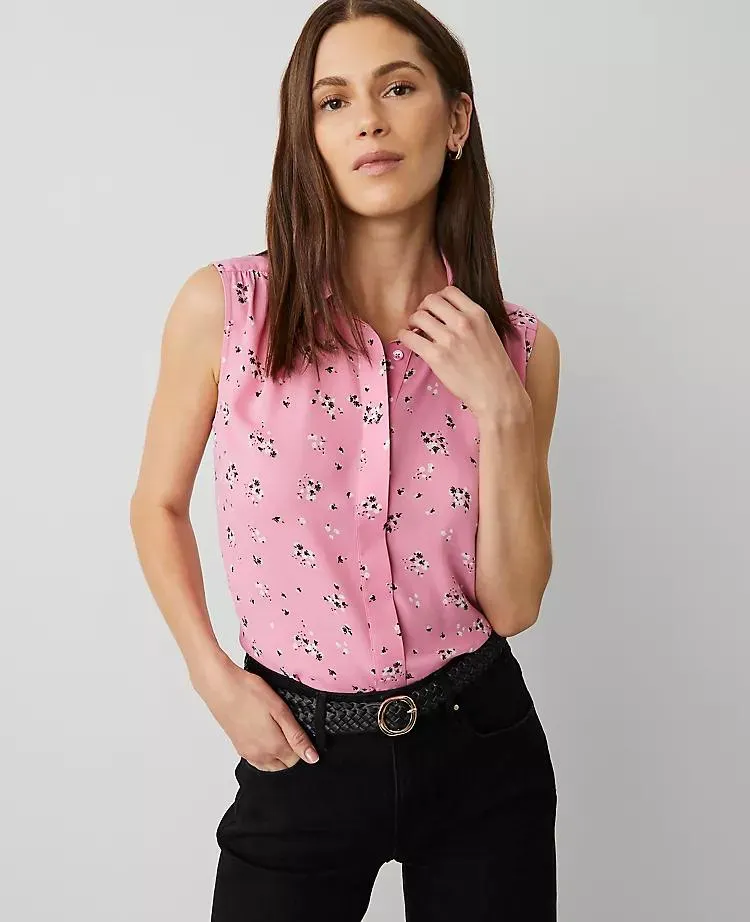 Floral Shirred Sleeveless Shirt