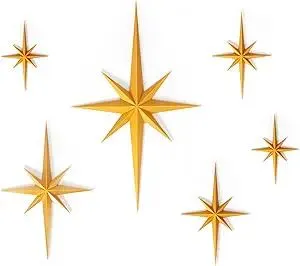Stylor Mid Century Modern Decor, Gold Mcm Retro 3D Star Art Wall Sculpture, Plastic Starburst Decor, Vintage Celestial Whimsigoth Home Decor Accent. (Set of 6)
