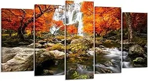 KREATIVE ARTS - Autumn Forest Waterfalls 5 Piece Modern Wrapped Giclee Canvas Prints Artwork Landscape Tree Paintings Pictures on Canvas Wall Art for Living Room (Large Size 60x32inch)