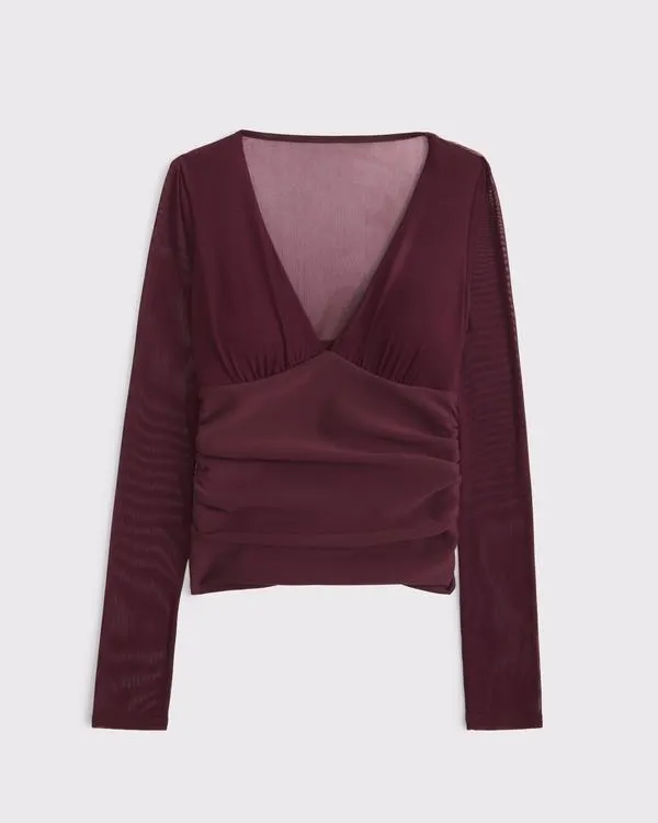 Bra-Free Long-Sleeve Mesh Plunge Top