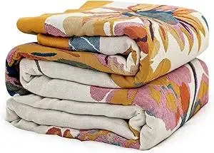 MSGKV Boho Throw Blanket 60''x80'',100% Cotton Blankets for Couch Bed,Cotton Quilt Travel Muslin Blankets Farmhouse Home Decor Soft Lightweight Picnic Blanket