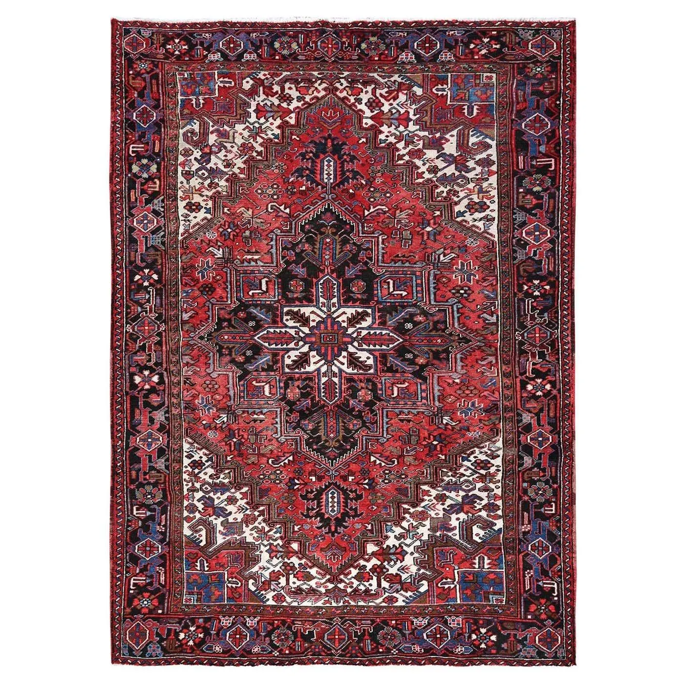 8'x11'3" Crimson Red Semi Antique Persian Heriz Even Wear Hand Knotted Wool Rug