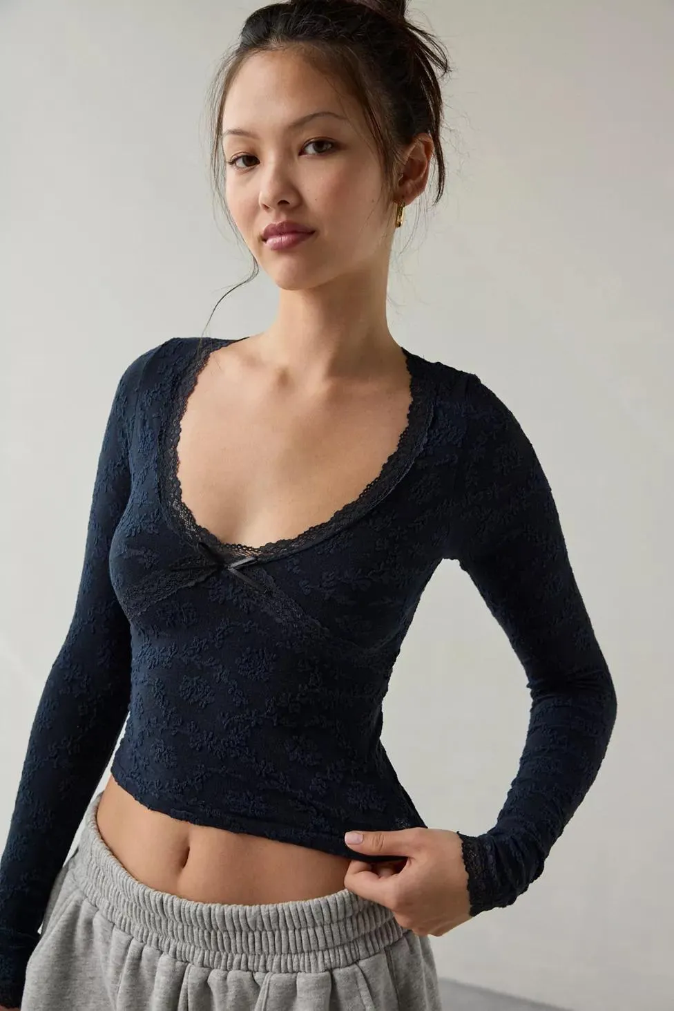 Out From Under Bella Seamless Knit Lace Trim Long Sleeve Tee