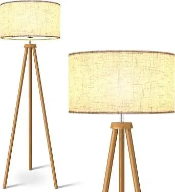 LEPOWER Wood Tripod Floor Lamp, Mid Century Standing Lamp for Living Room, Flaxen Lamp Shade, Modern Design Standing Lamp with E26 Base, Tall Floor Light for Bedroom, Study Room and Office Brown