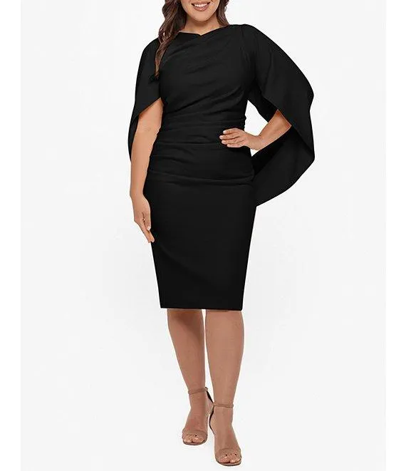 Plus Size Round Neck Draped Back 3/4 Sleeve Ruched Front Stretch Sheath Dress
