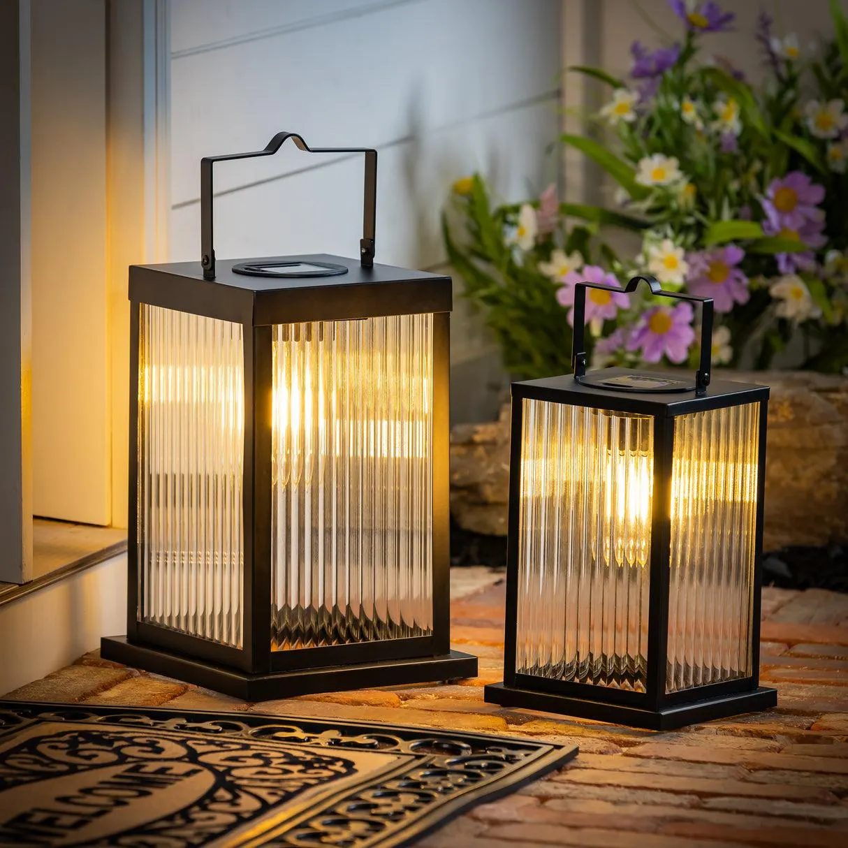Solar Metal Lantern with Edison Bulbs, Set of 2