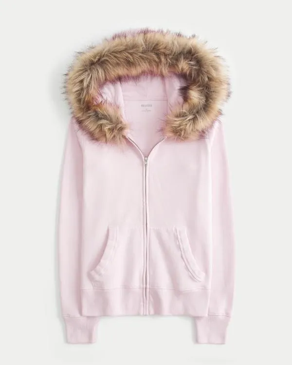 Faux Fur Trim Zip-Up Hoodie