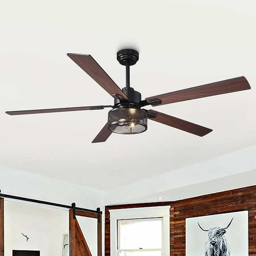 VACZON 60-in Smart Matte Black with Matte Black/Brown Blades Ceiling Fan With Light - Remote Included ( 5 -Blade )