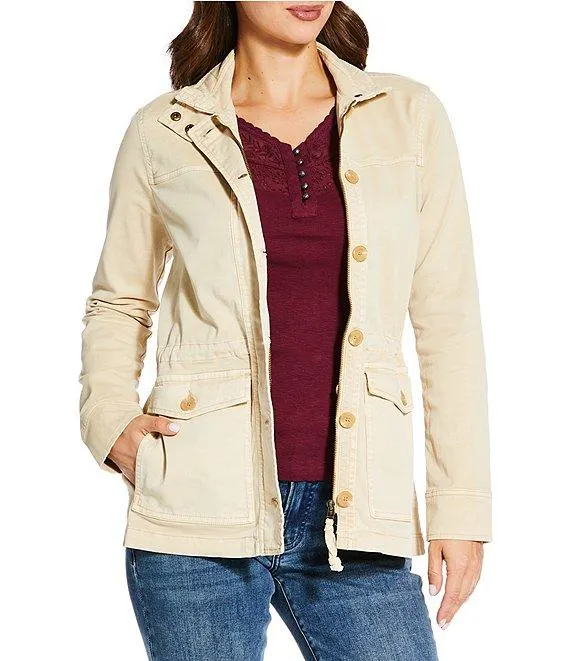 Point Collar Long Sleeve Drawstring Waist Patch Pocket Button Front Utility Jacket