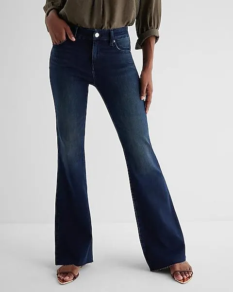 Mid Rise Dark Wash Raw Hem FlexX '70s Flare Jeans