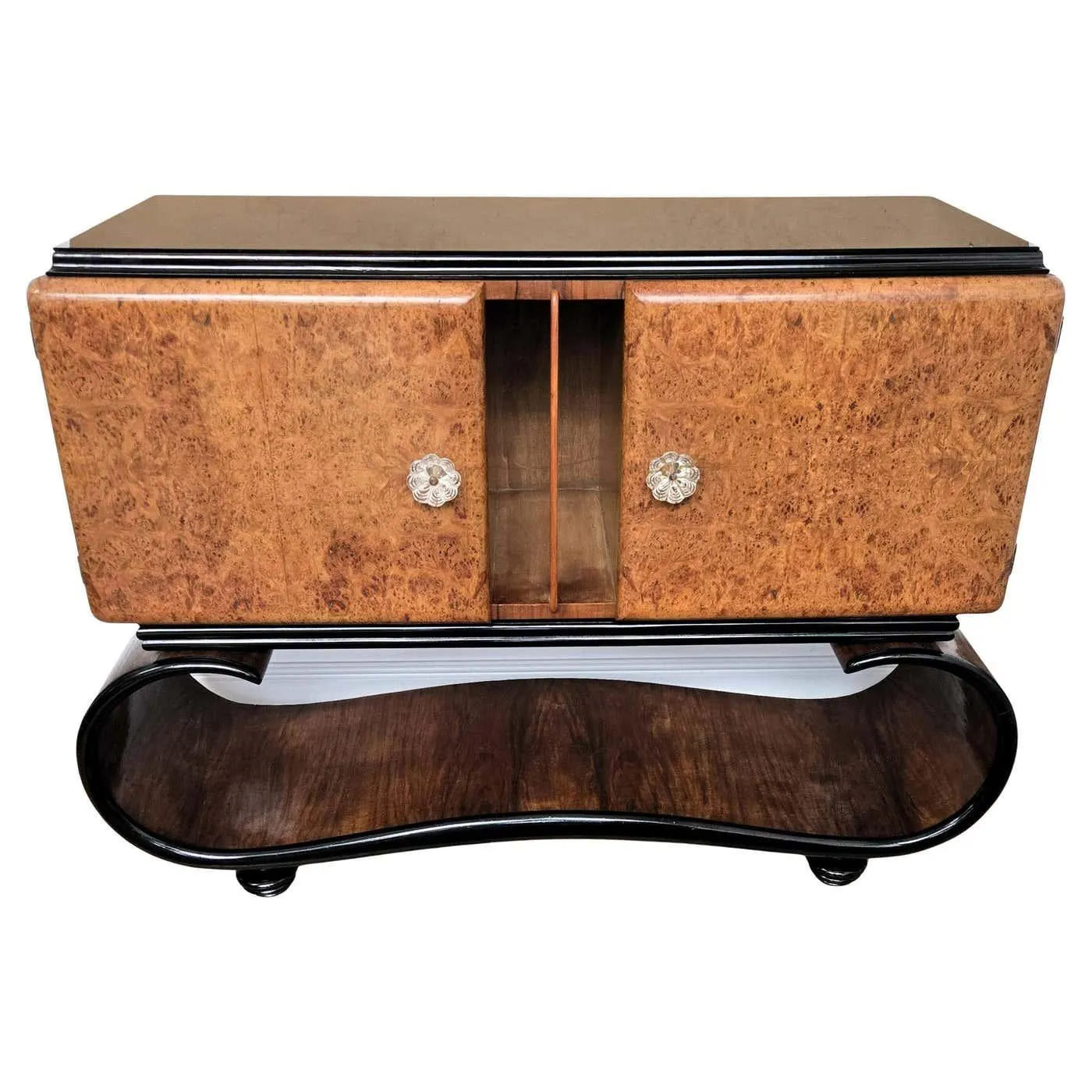 1940s Art Deco Mid-Century Italian Walnut Burl and Mirror Mosaic Dry Bar Cabinet