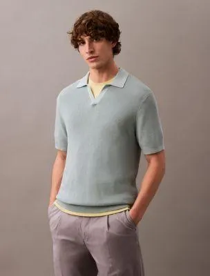Textured Cotton Johnny Collar Polo Sweater