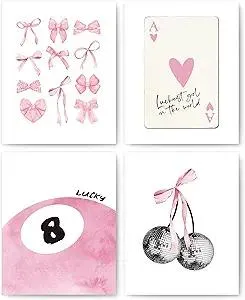 Pink Coquette Trendy Preppy Wall Art Prints Set of 4, Coquette Room Decor, Preppy Room Decor Aesthetic, Pink Bow Disco 8 Ball Cherry Wall Decor Posters for Girls Bedroom Dorm, 8x10 Unframed