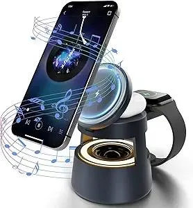 5 in 1 Magnetic Wireless Charger Bluetooth Speakers and Night Light for Apple Mag Safe iPhone 17 16e 16 15 14 13 12 Pro Max iWatch and AirPods Fast Charging Station Gift Ideal for Men Teenage Boys