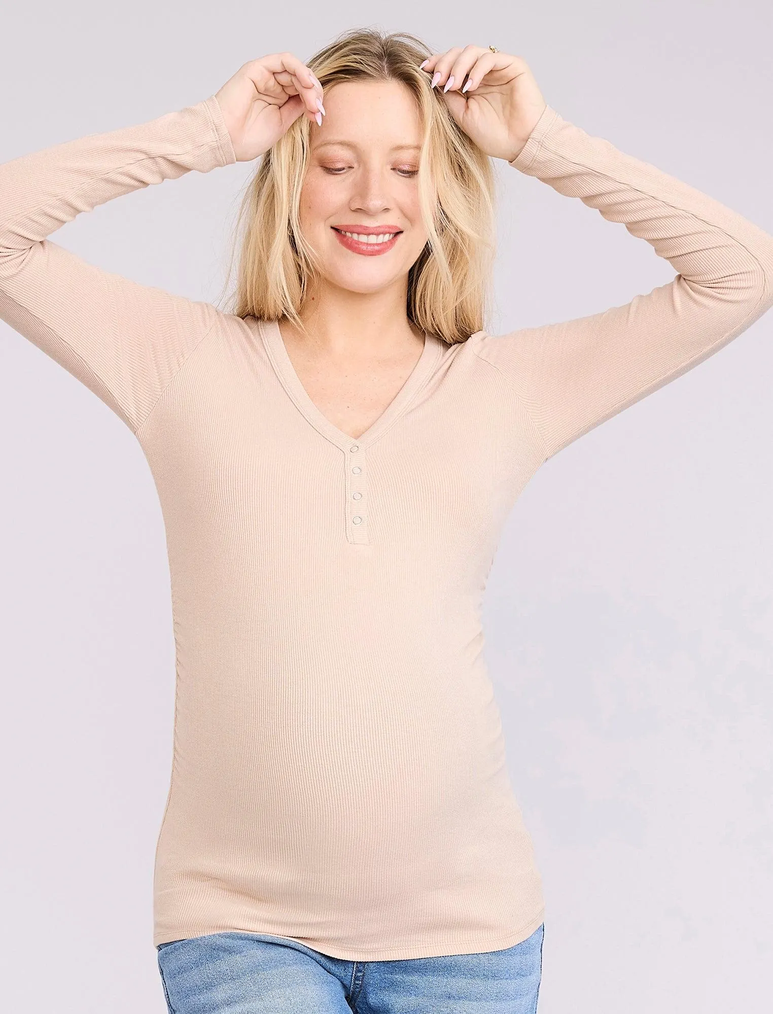 Side Ruched Long Sleeve Henley Maternity Rib Tee