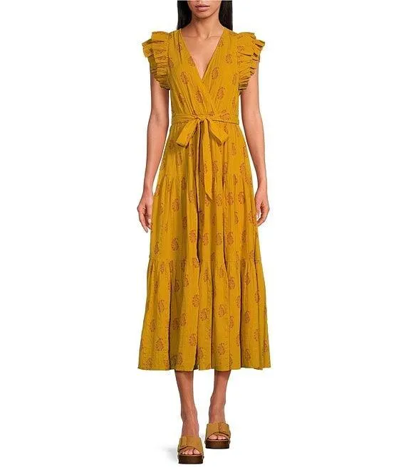 Floral Metallic Striped Print Surplice V-Neck Short Ruffled Sleeve Tiered Maxi Dress