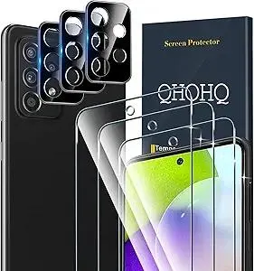 QHOHQ 3 Pack Screen Protector for Samsung Galaxy A52 4G/5G with 3 Packs Camera Lens Protector,Tempered Glass Film,9H Hardness - HD - Anti-Scratch - 2.5D Edge - Anti-Fingerprint - Easy Installation