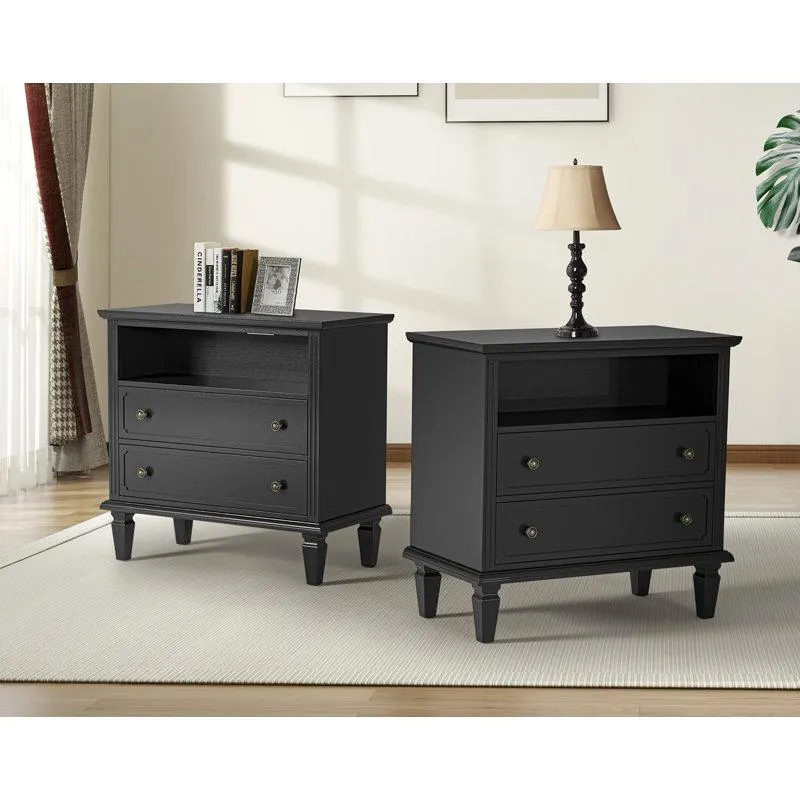 Amberlyn 27.2'' H Traditional 2-Drawer Nightstand with Built-In Outlets and Solid Wood Legs and Open Shelve (Set of 2)