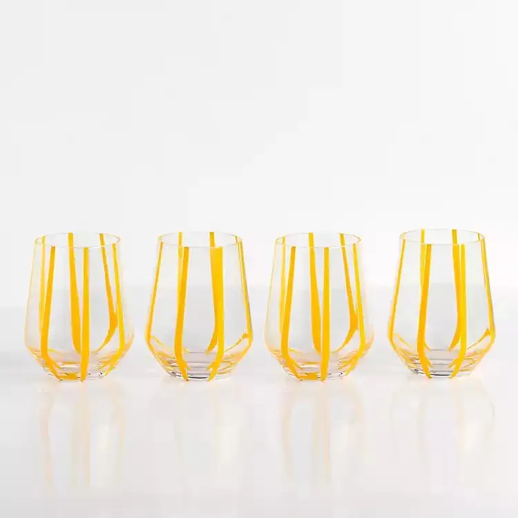 Yellow Striped Stemless Wine Glasses, Set of 4