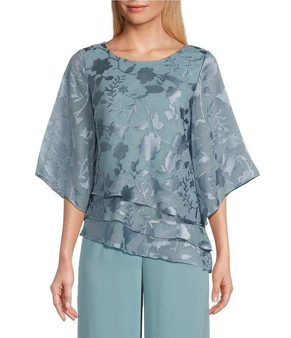 3/4 Illusion Sleeve Crew Neck Asymmetrical Triple Tier Hem Printed Chiffon Blouse