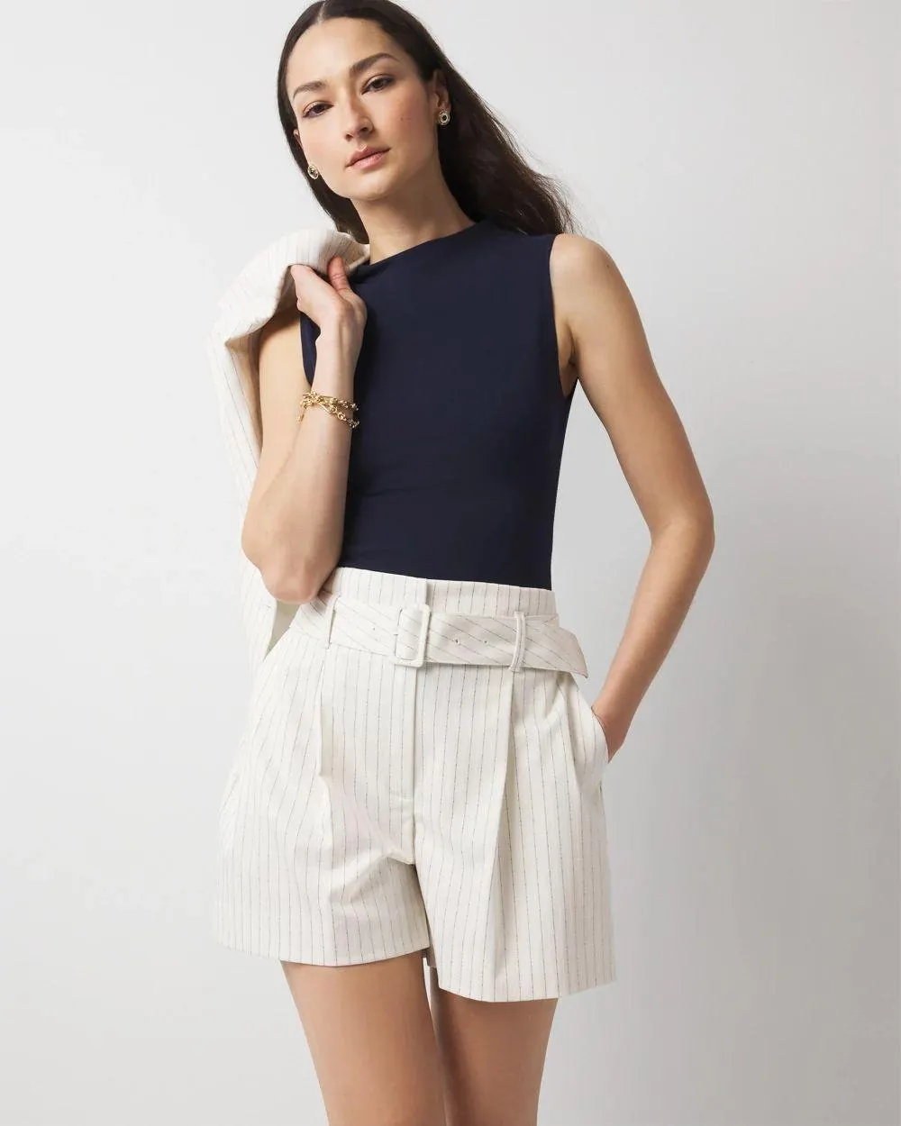 Extra High-Rise Pinstripe Belted Short