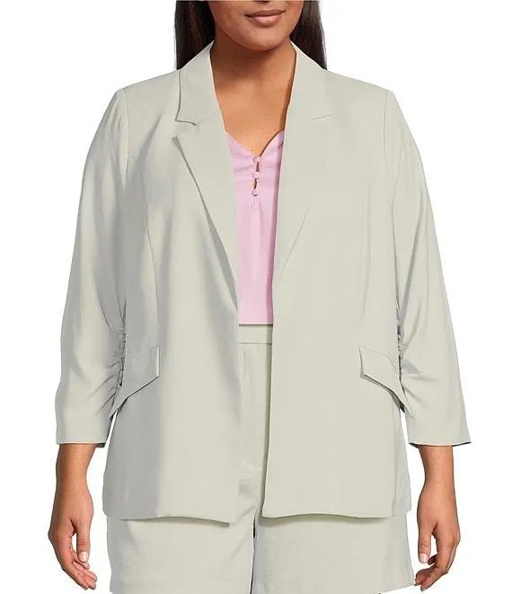 Plus Size Notch Lapel Shirred 3/4 Sleeve Open Front Coordinating Statement Blazer