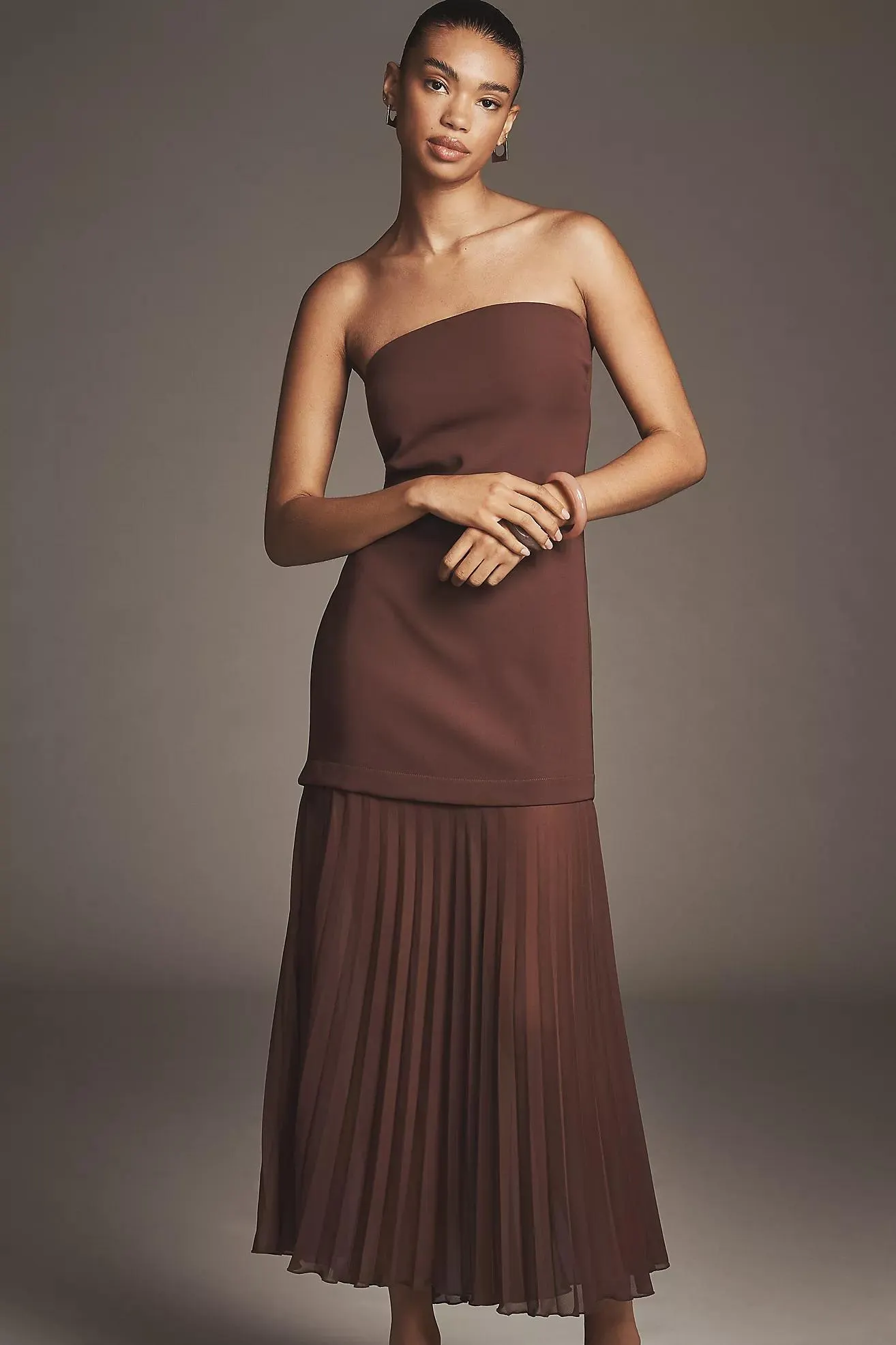 By Anthropologie Strapless Twofer Pleated Midi Dress