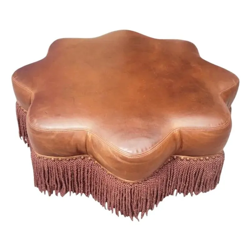 Vintage Genuine Leather Large Ralph Lauren Style Scalloped Camel Ottoman With Bullion Fringe Nail Heads