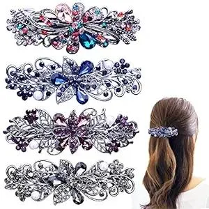 4 PCS Hair Barrettes for Women Ladies, Flower Crystal Rhinestones Barrette Pearl Spring Hair Clip Accessories Women Fashion Ponytail Holders Barrette for Daily Wear Mothers Day present