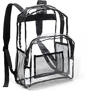 Amazon Basics Transparent School Backpack, With Water-Resistant PVC Plastic Material and Ruggedly Reinforced Shoulder Straps, Clear