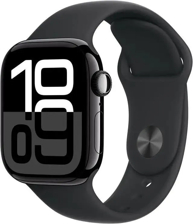 Apple Watch Series 10 [GPS 42mm case] Smartwatch with Jet Black Aluminium Case with Black Sport Band - M/L. Fitness Tracker, ECG App, Always-On Retina Display, Water Resistant