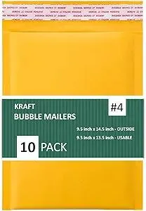Kraft Bubble Mailers, Self-Seal, Waterproof & Cushioned Padded Envelopes for Shipping, 9.5 x 14.5 in (10 Pack, Gold)