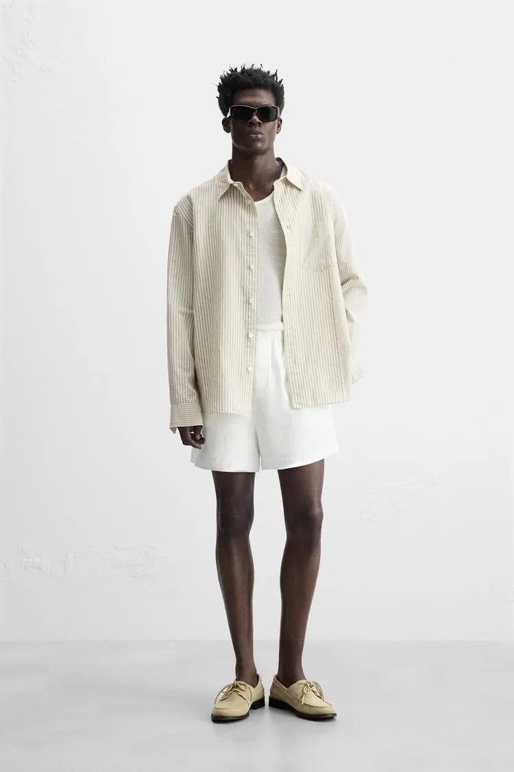 LINEN-COTTON STRIPED PATCHWORK SHIRT