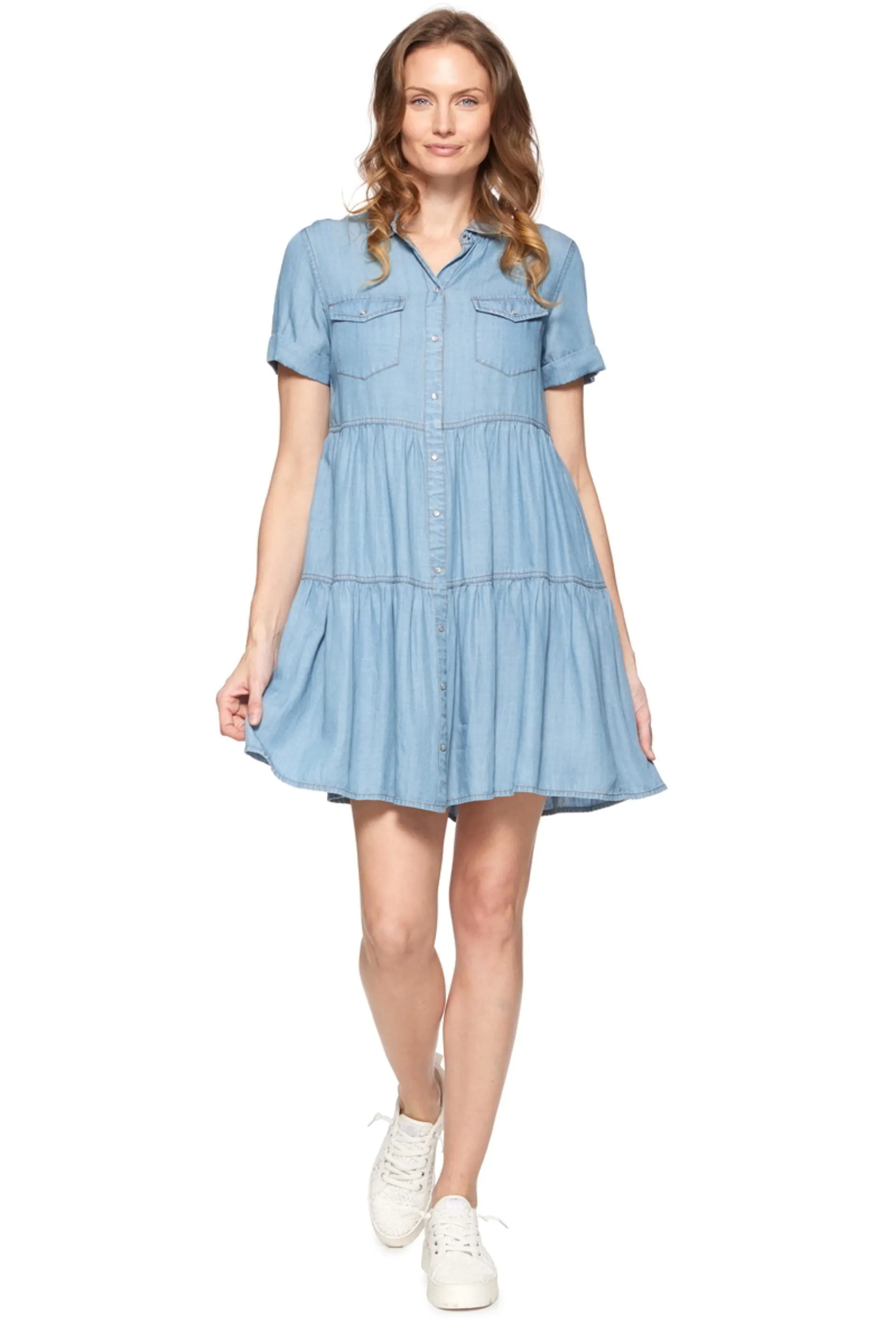 Threadgrit Womens Cassidy Tiered Button-Front Short Sleeve Denim