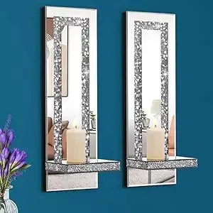 Crystal Crush Diamond Mirrored Candle Sconces, Silver Wall Candle Holder Set of 2, Wall Decorations for Living Room,Dining Room (Rectangle Stripe (Style 4))