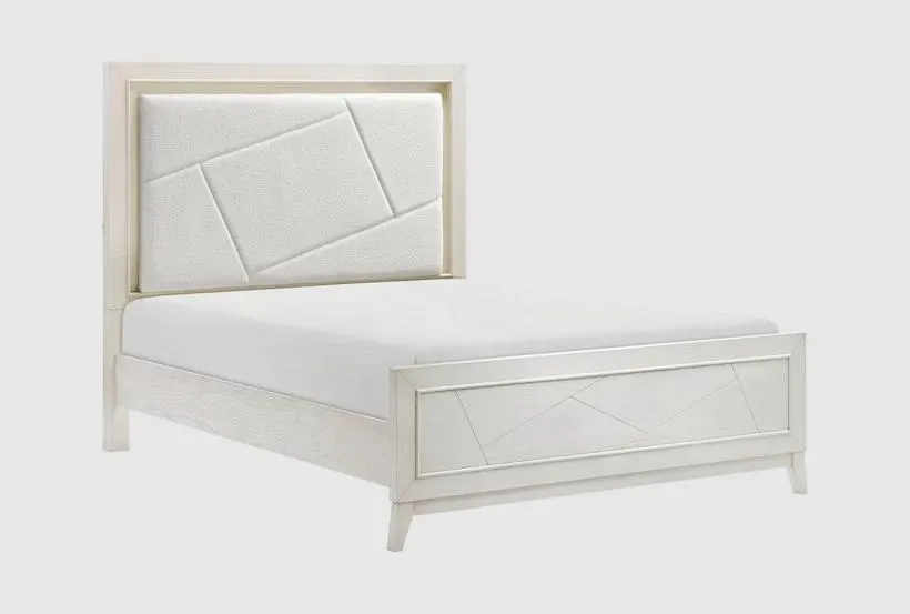 Zaylen White Queen Wood Panel Bed With Chenille Upholstered Headboard & LED Lights