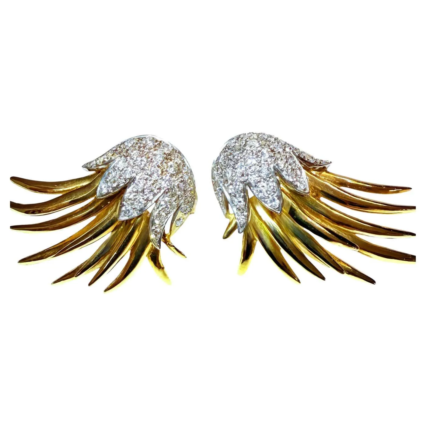14K Yellow & White Gold 2 Carat Diamon Flame Omega Earrings 13.60 Grams