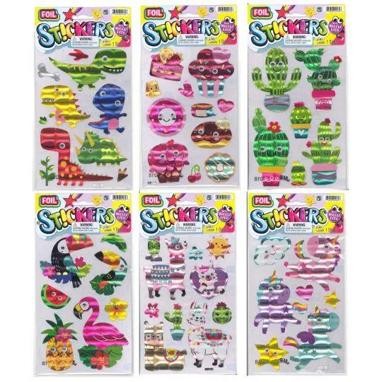 JA-RU Inc. Toys - Foil Stickers w/ Wiggly Eyes - SET OF 6 (Cactus, Unicorns, Llamas & More) #2069