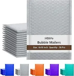 HBlife 50 Pcs Bubble Mailers, 6x10 Inches Self Seal Gray Poly Mailers, Padded Envelopes Shipping Bags Packaging for Small Business