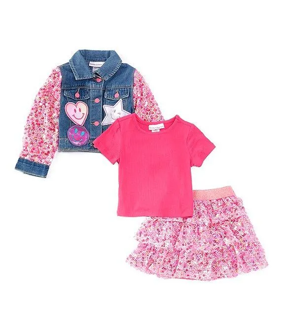 Little Girls 2T-6X Sequin-Sleeve Denim Jacket, Rib-Knit Top & Sequin-Embellished Mesh Skirt Set