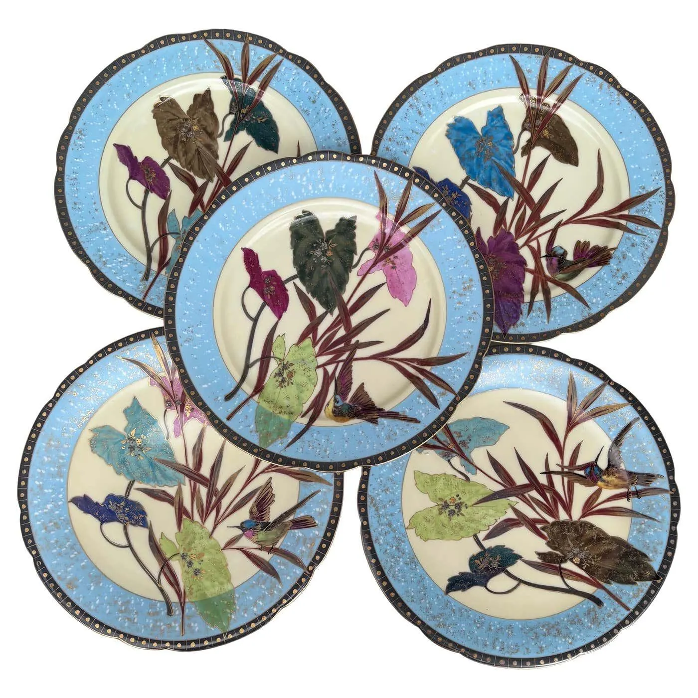 Rare 19th Century Set of 5 Porcelain Leaves & Birds Plates