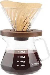 Mongdio Pour Over Coffee Maker, 20 oz V60 High-Heat Borosilicate Glass Coffee Maker with 100pcs Paper Filters, 5 in 1 Drip Coffee Maker Set for Home Café Restaurant and Camping - 600ml, Clear